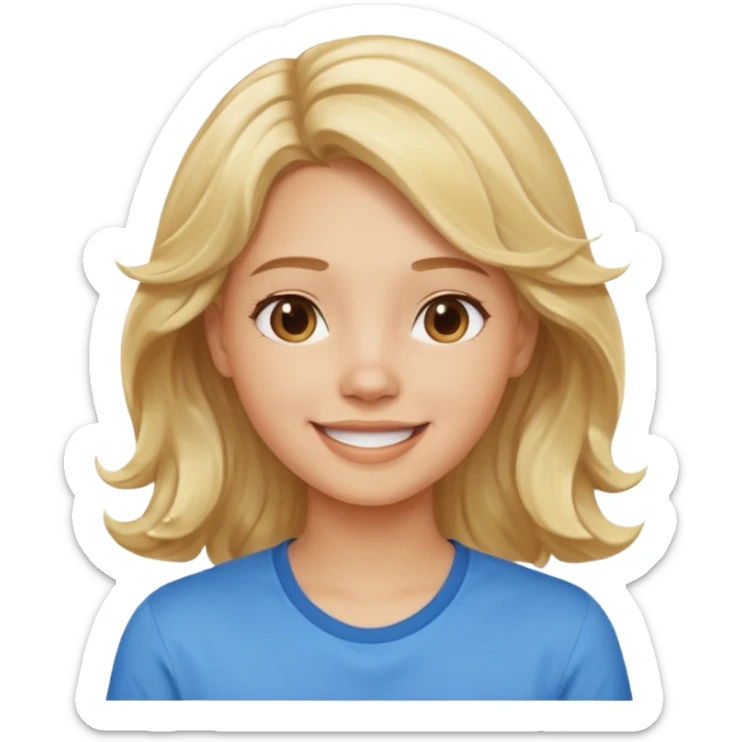 Happy blond girl with light weavy hair with a blue shirt but we can see only her face and neck and the top of the t shirt, no whole body sticker