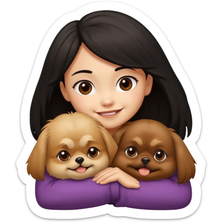 black hair girl hugging brown pekingese dog that looks a little bit like brown gremlin sticker