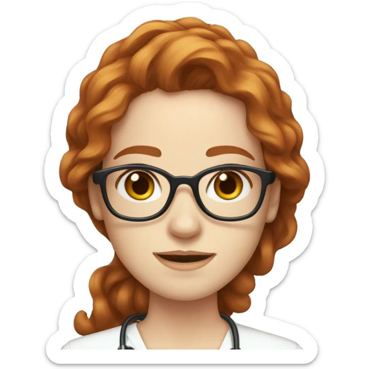 redhead young woman with glasses wavy long hair, pale skin, brown eyes, doctor  sticker