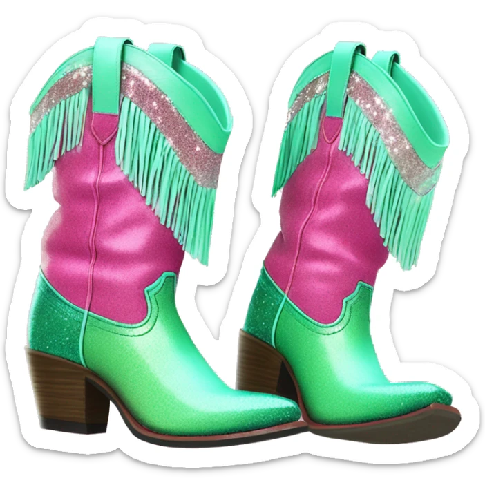 Realistic hot pink to mint green ombre pair of fashion cowgirl boots with sparkly shiny glitter fringe on them. sticker