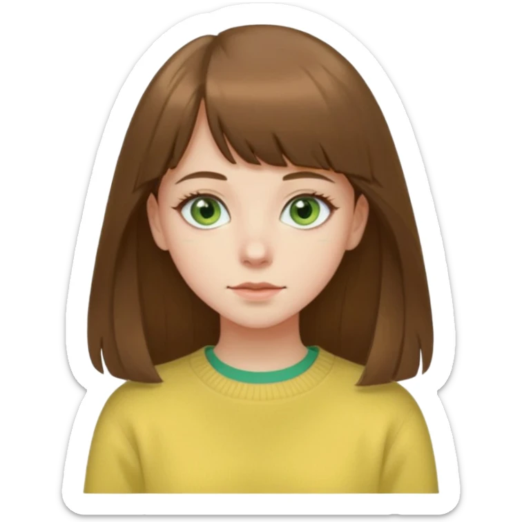 please create an emoji of a semi pale girl with long brown hair with a thin bang, green eyes, wearing a pastel yellow sweater sticker