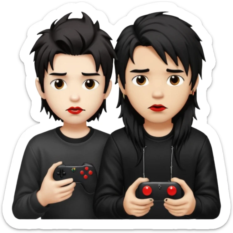 pale Goth boy with a bunch of face piercings, with shaggy dark brown hair, smudged red lipstick next to a Carmel  skin gamer boy with long black hair , they are watching tv together  sticker