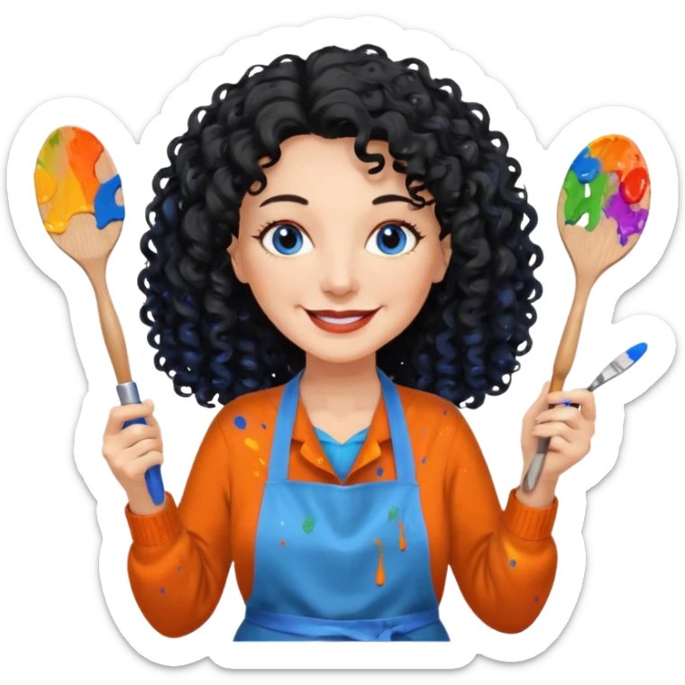 FEMME BLANCHE FRISÉ 60 ANS CHEVEUX NOIR FRISÉ ONDULÉ TRÈS  LONG , SOURIANTE AVEC CHANDAIL ORANGE ,   YEUX BLEU ET UN PINCEAU À LA MAIN LA MAIN AVEC 5 DOIGT SEULEMENT ET TABLIER sticker