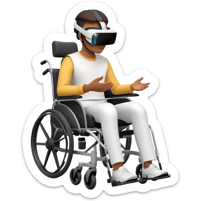 Create an emoji-style image in the Google Emoji design: a person in a wheelchair, wearing a Quest 3 VR headset on their head, with a simple white background. The style should be clean, minimalistic, and colorful, resembling Google's emoji aesthetic. sticker