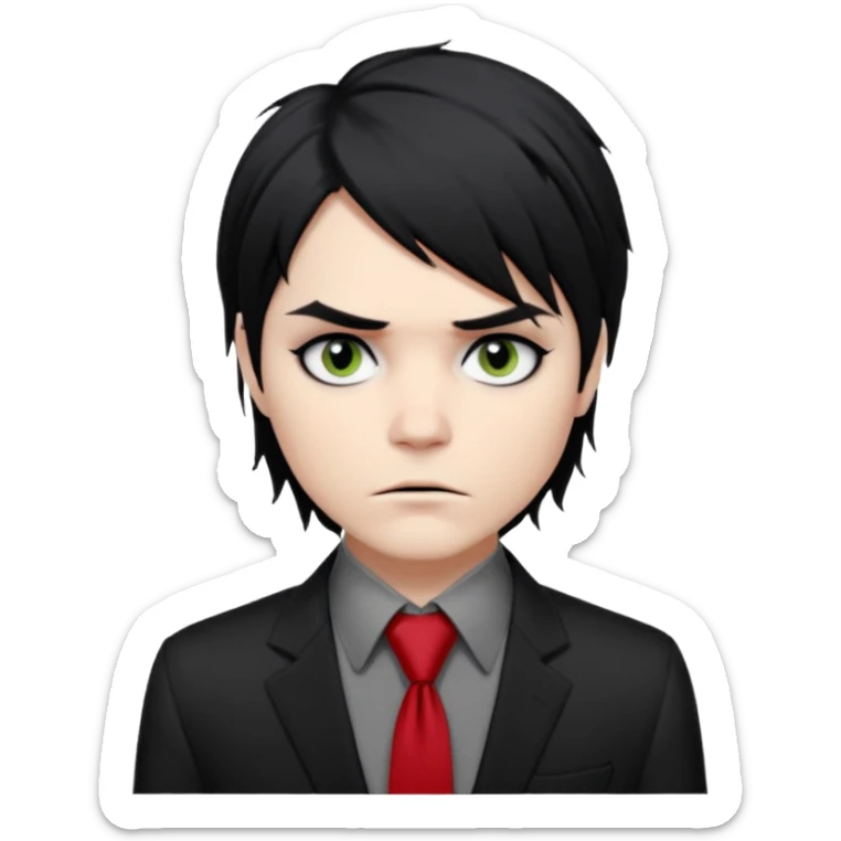 Gerard Way (Revenge Era)
Round, simplified emoji style
Pale skin tone
Jet-black, shoulder-length hair messy and emo
Heavy eyeliner and slight red shadow under the eyes
Subtle serious
Hint of red tie visible on black button up shirt.
Transparent background. Black eyeliner. Messy emo hair sticker