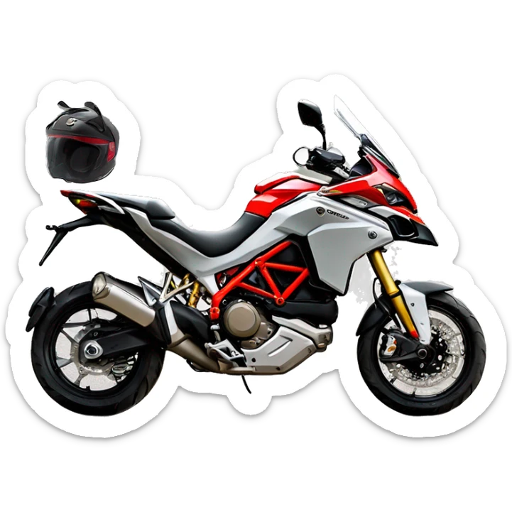 Moto de enduro Ducati multistrada roja y negra con bolsas laterales y bolsa trasera. Piloto con casco abierto gris. Vista frontal sticker