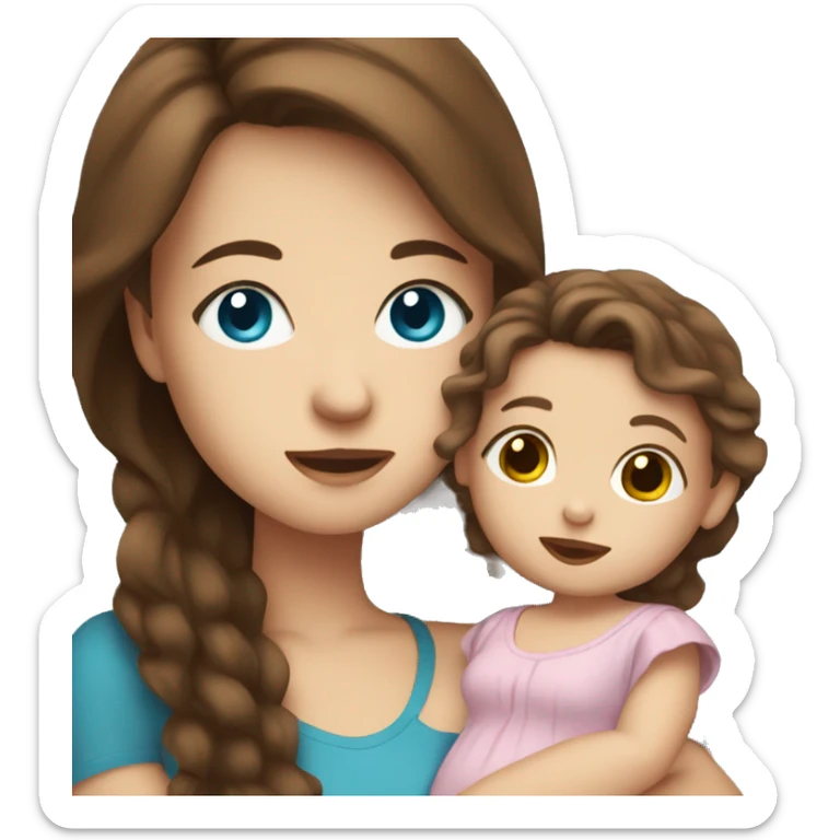 Girl with brown hair and blue eyes holding a baby girl sticker