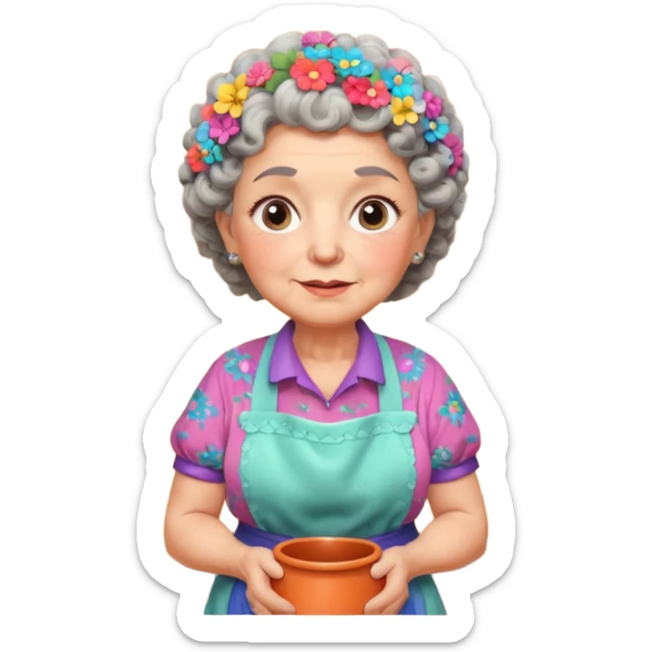 cartoon Apple iOS emoji style rural elderly woman, chubby face, short gray curly hair, flowery blouse, colorful apron, big expressive eyes, pastel colors, Chilean wooden kitchen background, clay pots, warm light, detailed and clean vector art sticker