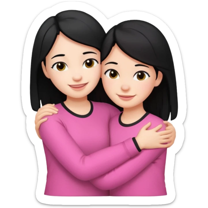 Two girls with black hair, one wearing white shirt and the other is pink shirt, hugging each other sticker
