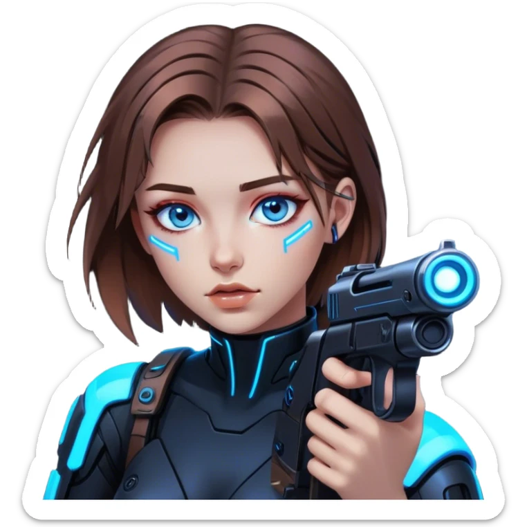 Neon cyberpunk style 
girl with brown hair and blue eyes 
shoots sticker