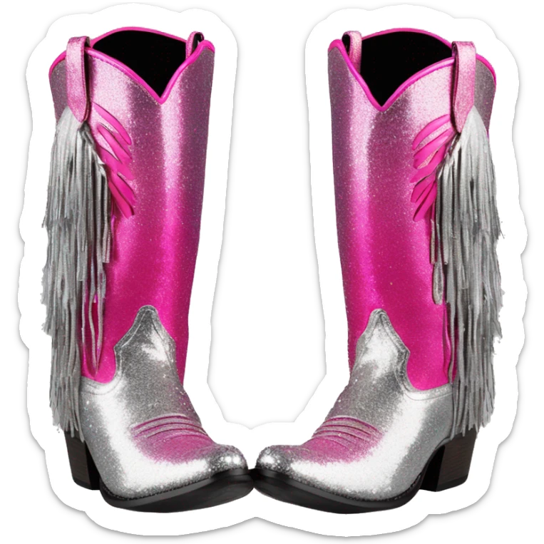 Realistic hot pink to silver ombre pair of fashion cowgirl boots with sparkly shiny glitter fringe on them. sticker