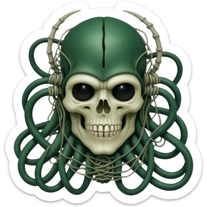 HR giger, wires, dark green flesh undead sorcerer, head. bones and skin sticker
