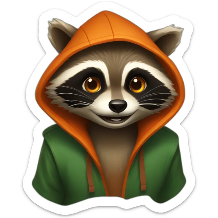 brown raccoon with orange eyes and a dark green hood that is laughing sticker