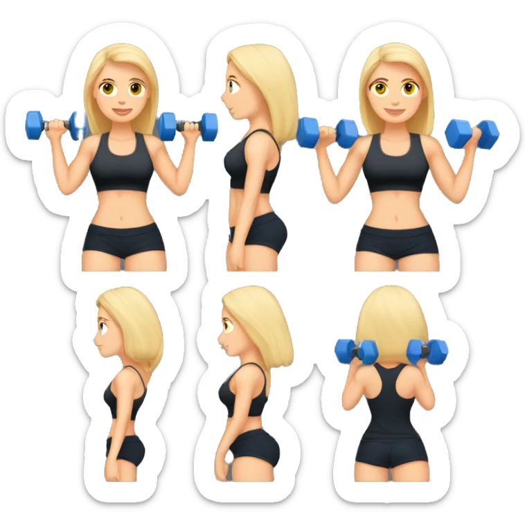 blonde woman working out with a black tank top and a blue shorts and she is holding a dumbell sticker
