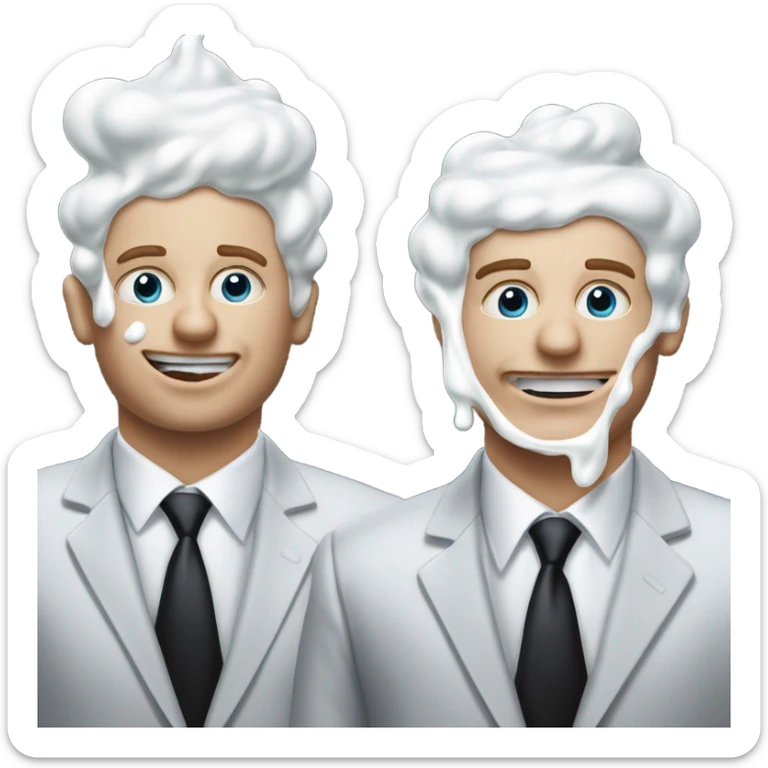 Two men covered in yogurt wearing black suits with yogurt on both of their heads, and more yogurt on their suits, but white skin sticker