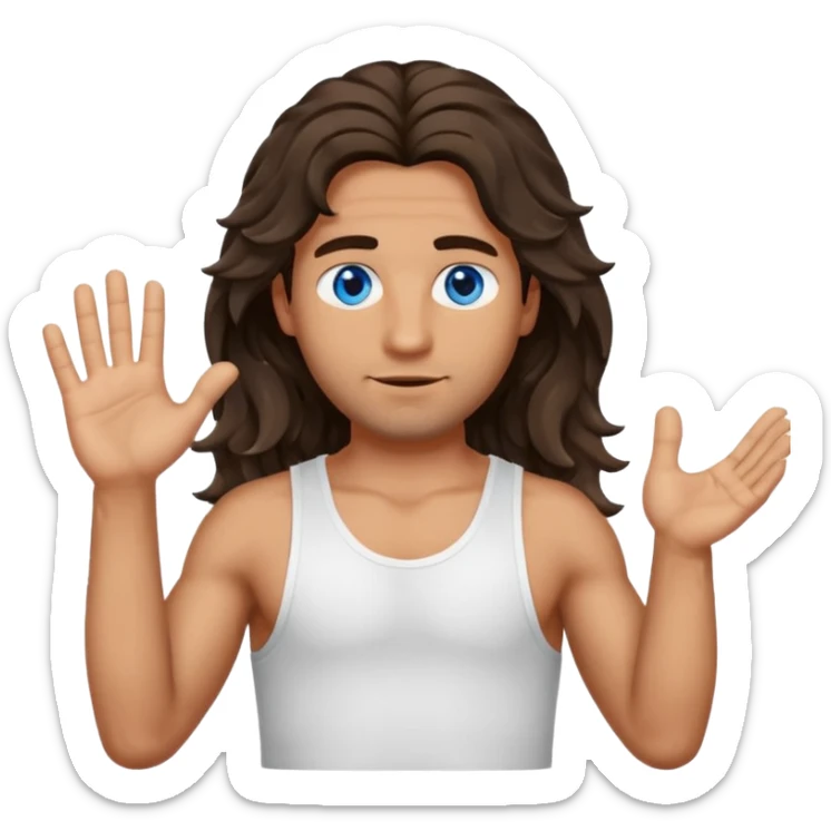 Men with olive skin, blue eyes, brown dark insanely wavy long hair, white camisole, left hand palm up crossing arms in front of face sticker