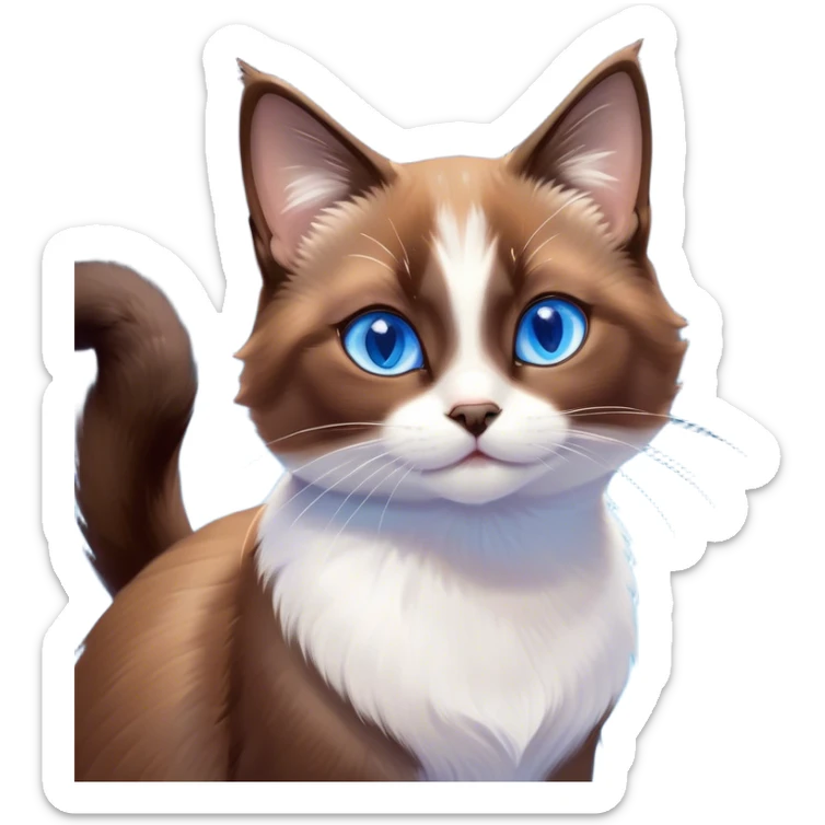 Cinematic Cute Brown Mantle Snowshoe Cat Portrait Emoji, Head tilted playfully and inquisitively, rich brown fur cascading over its back like a mantle, with soft white paws, chest, and face, striking icy-blue eyes brimming with curiosity, Simplified yet irresistibly adorable features, highly detailed, glowing with a warm, friendly glow, high shine, affectionate and lively, stylized with a touch of whimsy, bright and endearing, soft glowing outline, capturing the essence of a mischievous yet loving kitten, so playful it feels like it could pounce out of the screen and into your arms! sticker