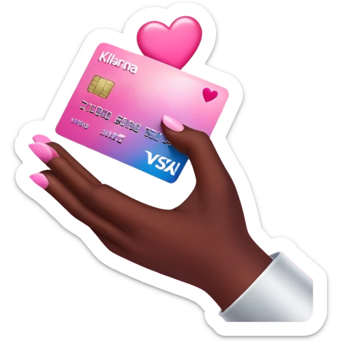 Klarna Baddie” Emoji Icon  A dark-skinned hand holding a credit card labeled “Klarna 3x” with sparkles and hearts. Background in Mocha + Pink gradient. sticker