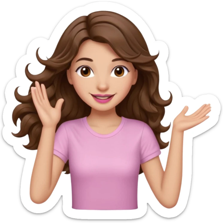 girl with wavy long brown hair, brown eyes, light to medium complexion, long lashes, light pink lipstick, smiling, wearing light pink shirt, dancing sticker