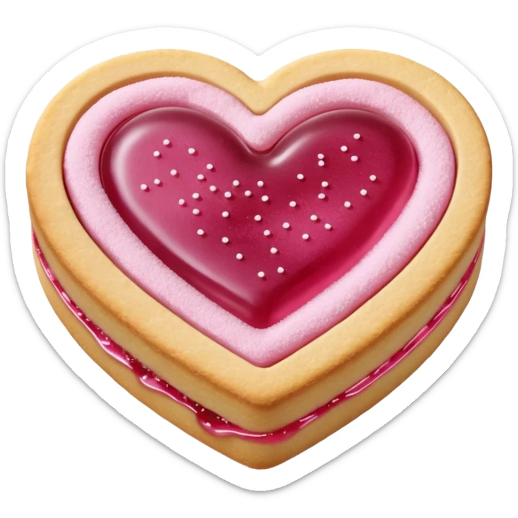 Realistic shortbread cookie in the shape of a heart with pink jelly middle filling and sprinkled powder sugar on top. sticker