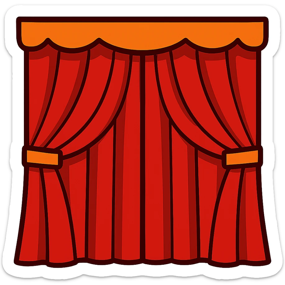 vibrant toon style illustration of a symmetrical red curtain, fully closed, both sides even sticker