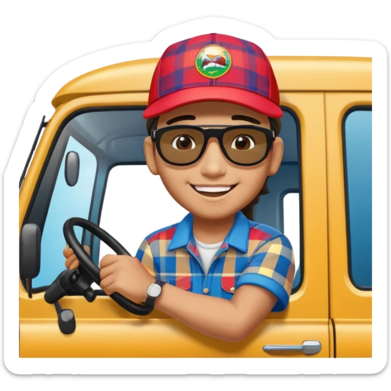 Cute emoji style illustration of a Peruvian truck driver, smiling young “chofercito carretero”, wearing baseball cap, sunglasses, plaid shirt, leaning out of a Hino 500 truck window, vibrant colors, bold outlines, glossy 3D emoji style, sticker design, transparent background sticker