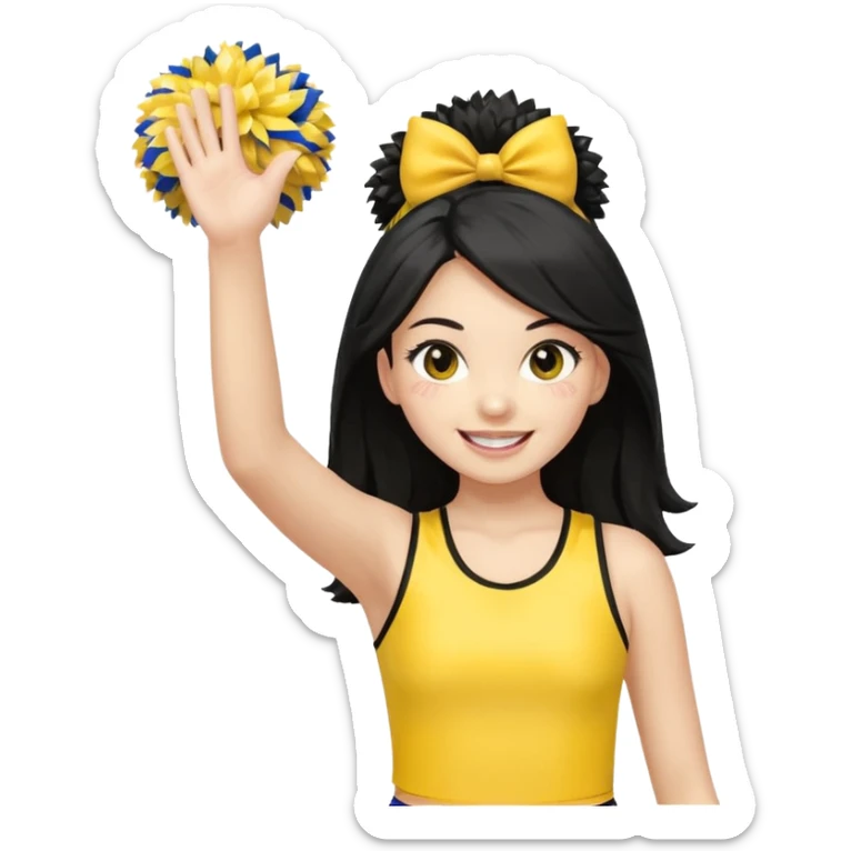 A long black hair teen girl waving pom-poms, eyes sparkling with excitement, yellow cheer leader top sticker