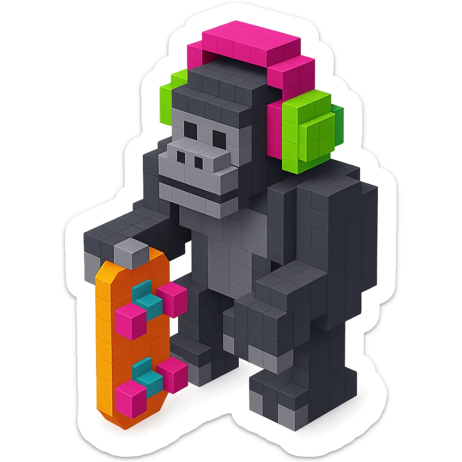 gorilla with headphones holding a skateboard, isometric view, voxel style sticker