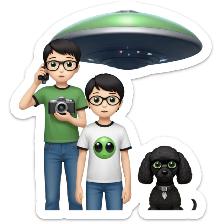 A little boy with straight black medium-length hair, white skin, and black eyes wearing black-framed glasses is taking photos on a UFO with a camera. Beside him, there is an alien and a brown round-headed poodle. sticker