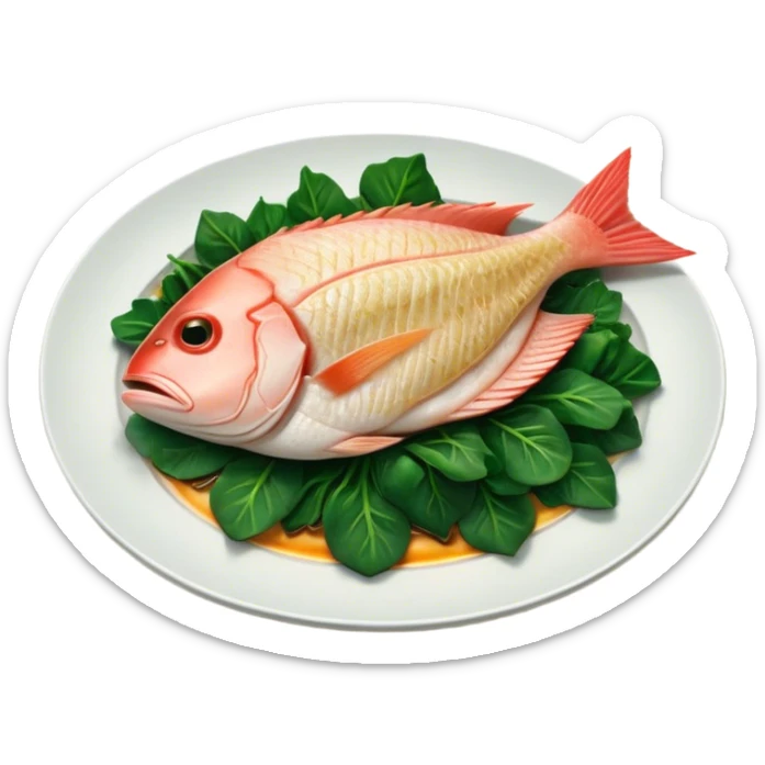 Cinematic fresh snapper fillet, pan-seared to golden perfection, soft and flaky texture, resting on a bed of sautéed greens, warm glowing background, refined and elegant. sticker