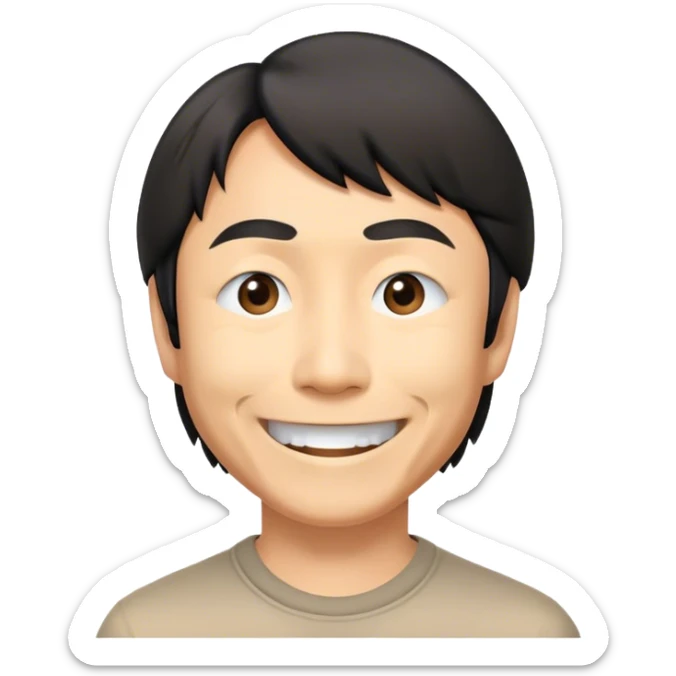 ​Cinematic Realistic Portrait of a Smiling Shigeru Miyamoto, depicted with warm, approachable features, showing a giant smile with expressive eyes, set against a subtle backdrop, inviting lighting that captures his innovative spirit sticker