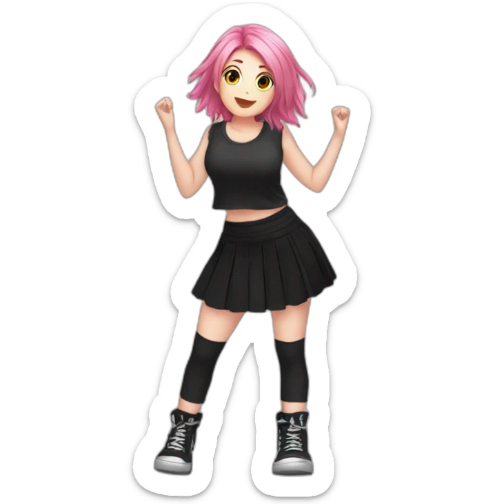 Full body Front view curvy emo girl pink hair sits on the floor straight view hands up black skirt белые трусики sticker