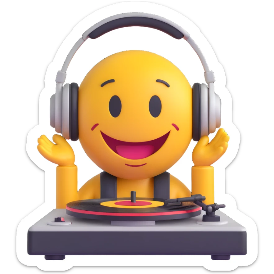 3D smiley emoji, round shape, DJ with headphones and turntable, funny face, transparent background sticker