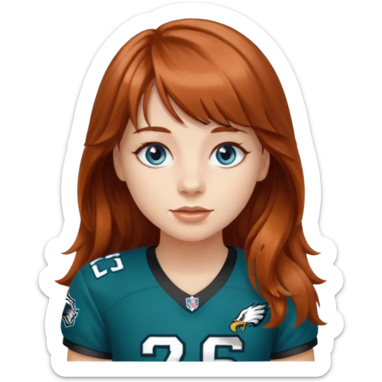 Girl with bangs, longer wavy auburn hair and blue eyes 
wearing #26 eagles jersey sticker