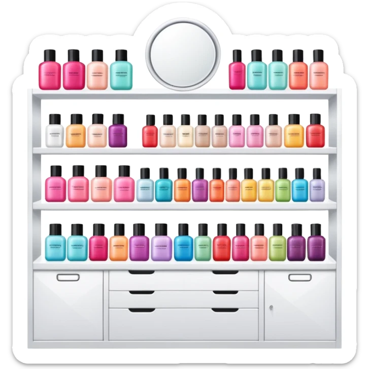 big beauty salon showcase with well-organized brand-labeled beauty products on a white shelves sticker