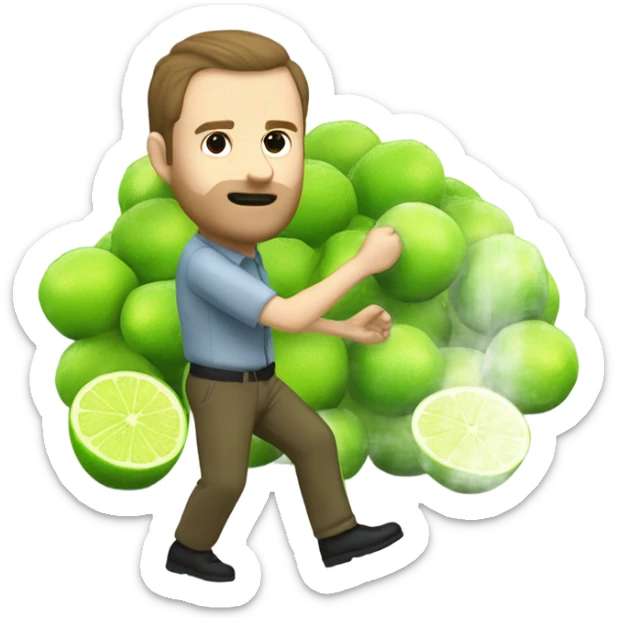 white man with brown hair but not facial hair bending down to pick up many fallen limes on the floor . Make it so there are many limes scattered around the flooor. sticker