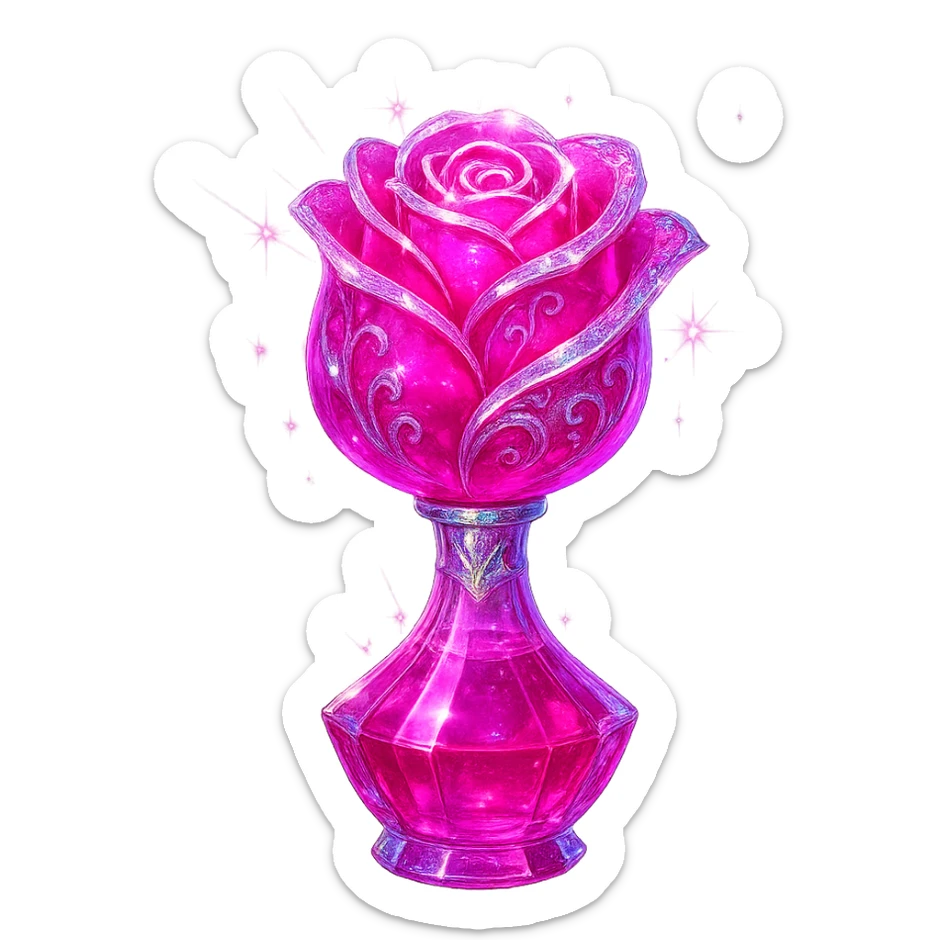 modernus prabangus eliksyro buteliukas, rožės forma, ryški rožinė spalva, holografiniai ir sidabriniai ornamentai, labai mažas kaklelis, skaidrus fonas, vientisas dugnas, be šešėlio, plūduriuoja ore, kolekcijos stilius, stiprūs magiški švytėjimai ir efektai sticker