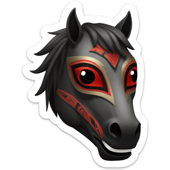 Black mask of a smiling horse with red eyes in front with a tribal style sticker