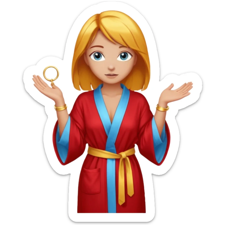 lightly tanned skin, blue eyes, cute and sexy girl with bright yellow-brown hair in a few shades of red robe, golden rings, slight cute makeup, full body, slightly turned aside pose, hands hidden behind back sticker