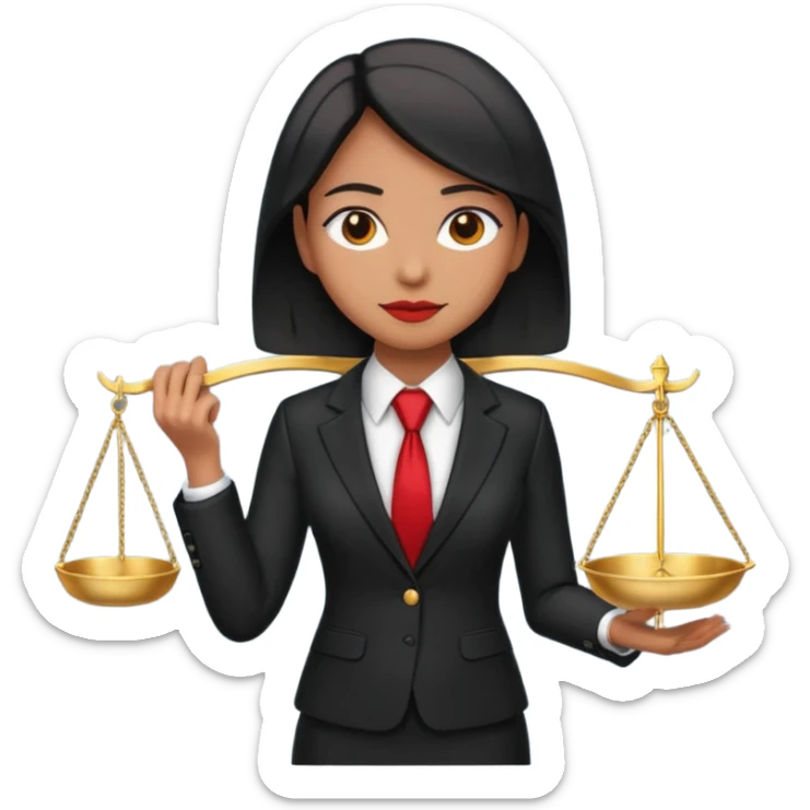 female lawyer emoji, wearing suit and tie, holding scales of justice sticker