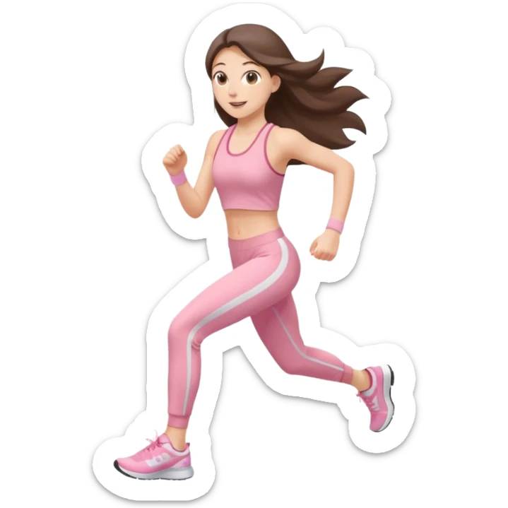 white happy brunette teen long hair with hazel eyes in light pink workout clothes jogging through fiish line sticker