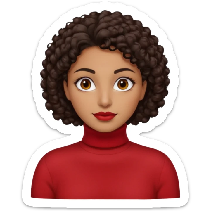 30 yr iranian woman dark brown hair curly wavy short hair, red turtle neck sweater, very thick eyebrows sticker