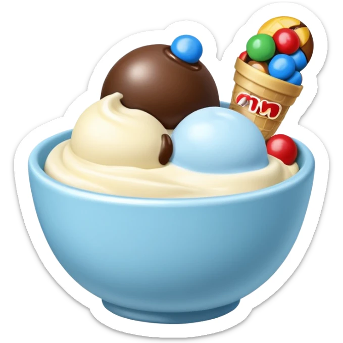 A bowl with ice cream one is vanilla with chocolate an the other one is ligtblue with m&m sticker