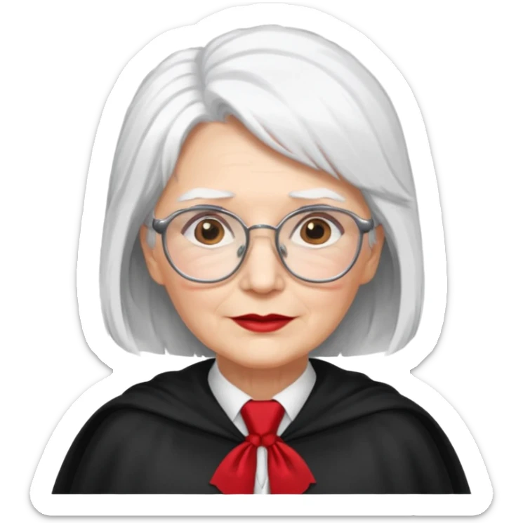 An older woman with glasses and white hair, in a red tie and black cape sticker