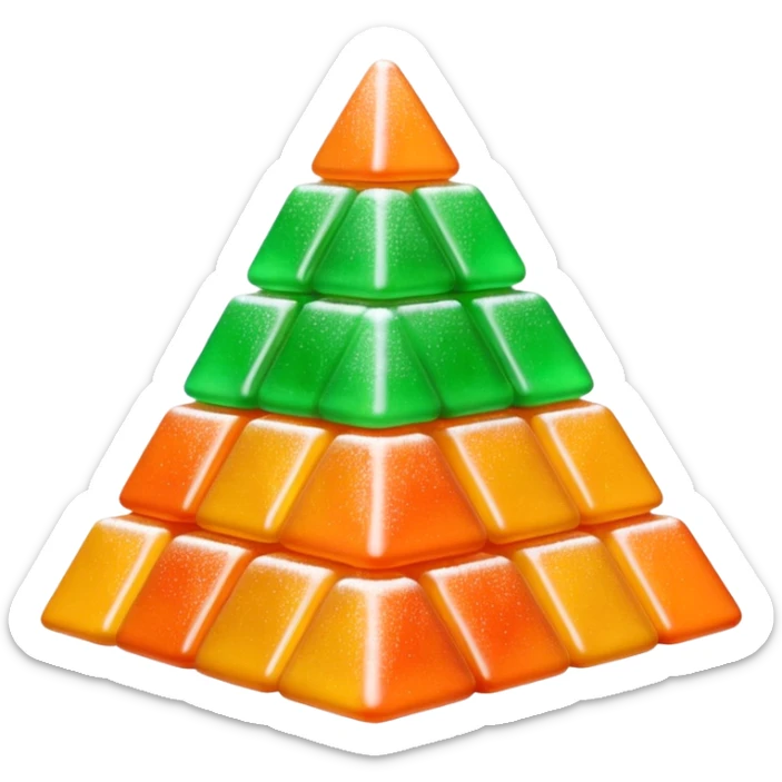 3D render of Gumdrop Pyramid, made entirely of dessert materials, glistening sugar crystal texture, stacked green and orange sugar-coated jelly candies, delicious confectionery aesthetic, Apple emoji style, isolated on white background --v 6.0. sticker