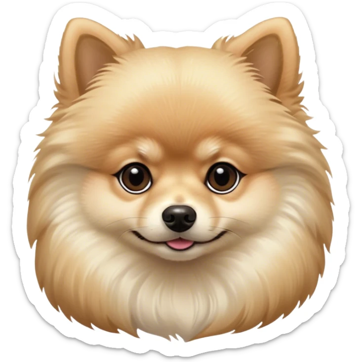 Cinematic Noble Cream Pomeranian Portrait Emoji, Poised and regal, with a compact, fluffy build and a pristine, well-groomed cream Fur, deep-set soulful dark eyes, Simplified yet sharp and sophisticated features, highly detailed, glowing with a soft, dignified glow, high shine, intelligent and spirited, stylized with an air of elegance, focused and attentive, soft glowing outline, capturing the essence of a watchful and confident companion, so majestic it feels as though it could prance out of the screen with effortless authority! sticker