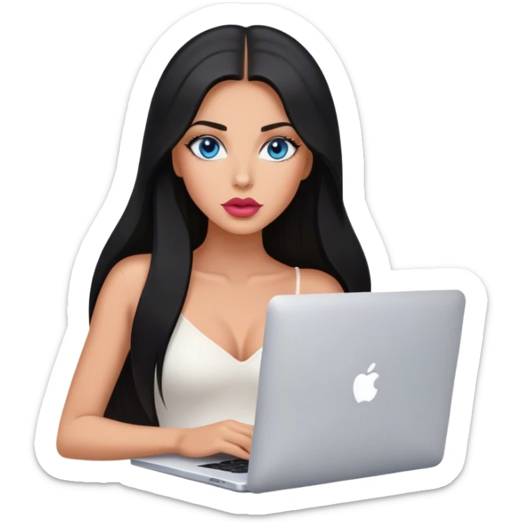 Glamours tanned very beautiful girl with pump rose-nude lips and black straight smooth long hair, blue eyes, with MacBook  sticker