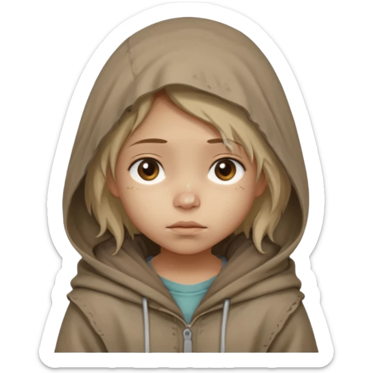 Young beggar little girl character, chest-up portrait, wearing worn and oversized clothes, hair is visible, neutral earth-tone fabric, slightly messy hair peeking from under a hood, tired but gentle eyes, subtle dirt marks on face, sticker