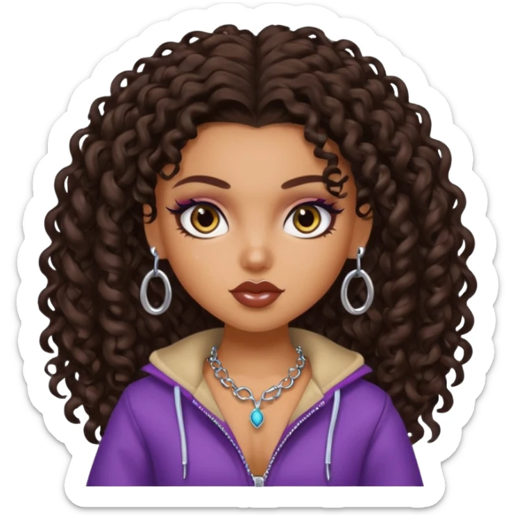 pretty bratz baddie, dark brown curly head, tan skin, piercing sticker