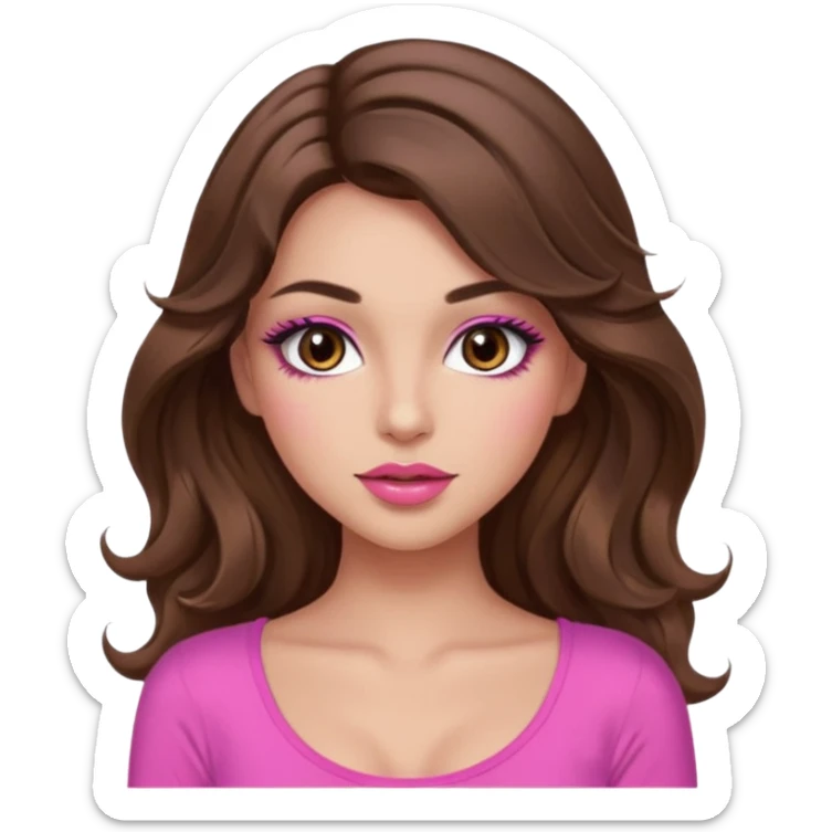 girl with long wavy brown hair, brown eyes, long lashes makeup, sexy pink lips, light to medium complexion, pink sexy top, I don't know sticker